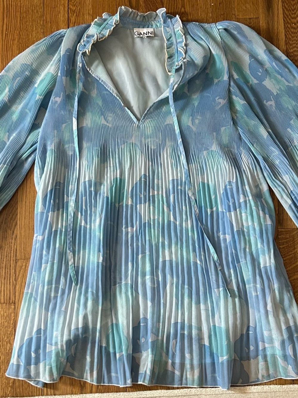 Ganni Blue & Teal Pleated Floral Tie-Neck Dress - Size EU 38